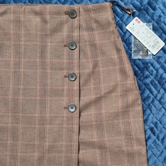 Uniqlo Side Button Checked Wrap Midi Skirt In Brown Size Large! NWT! - Picture 5 of 14